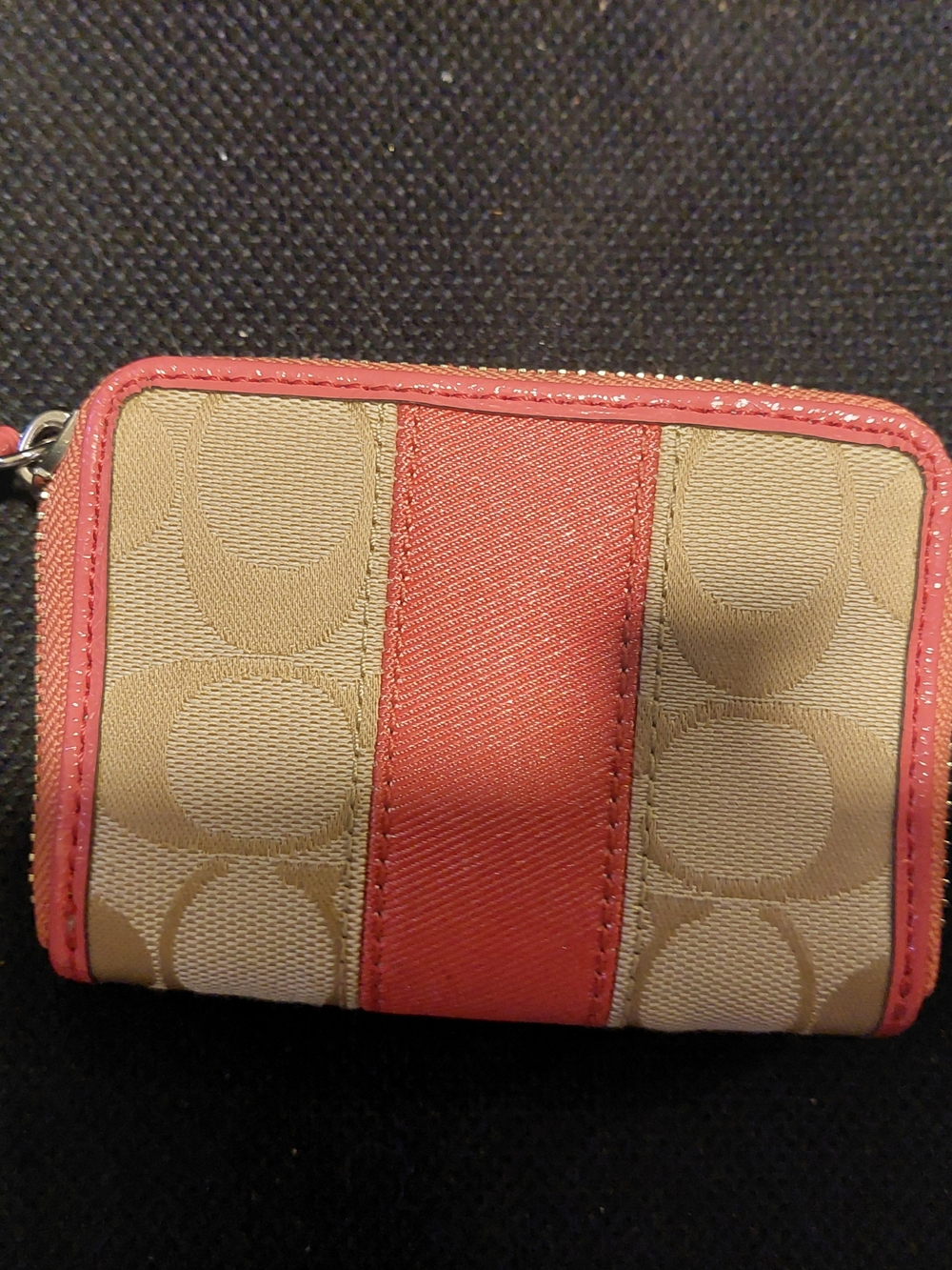 Coach Signature Canvas Small Zip Wallet in Khaki and Coral